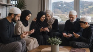 Muslimische Familie beim gemeinsamen Gebet in der Schweiz