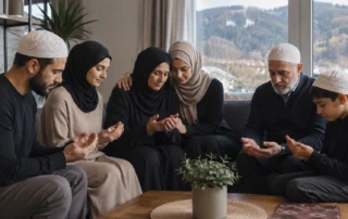 Muslimische Familie beim gemeinsamen Gebet in der Schweiz
