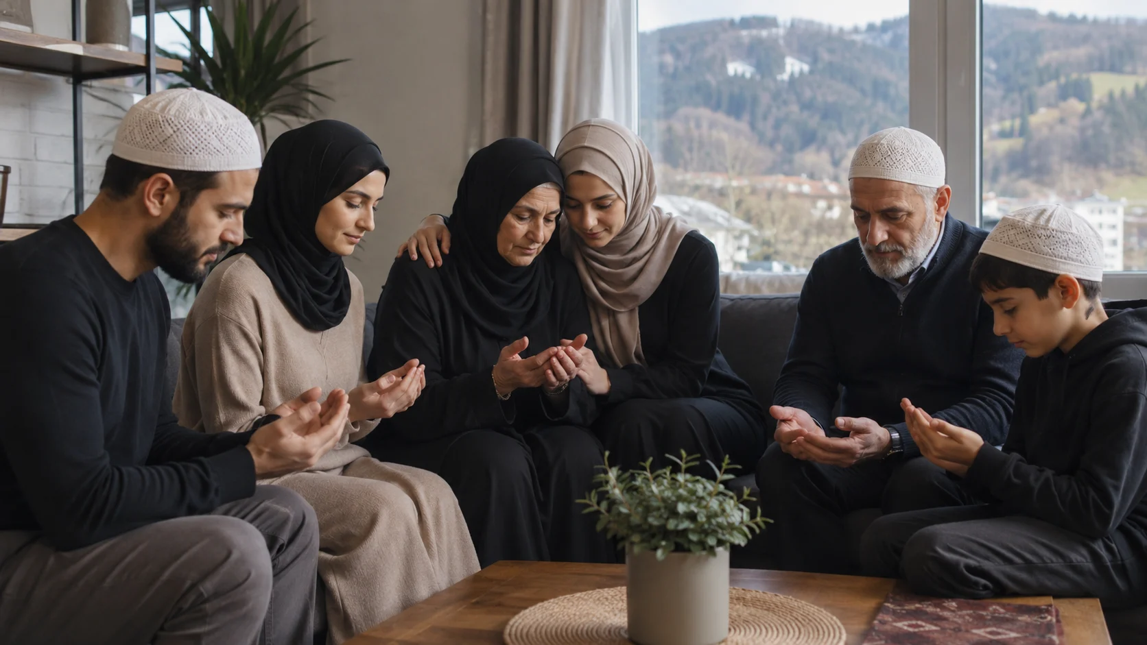 Muslimische Familie beim gemeinsamen Gebet in der Schweiz